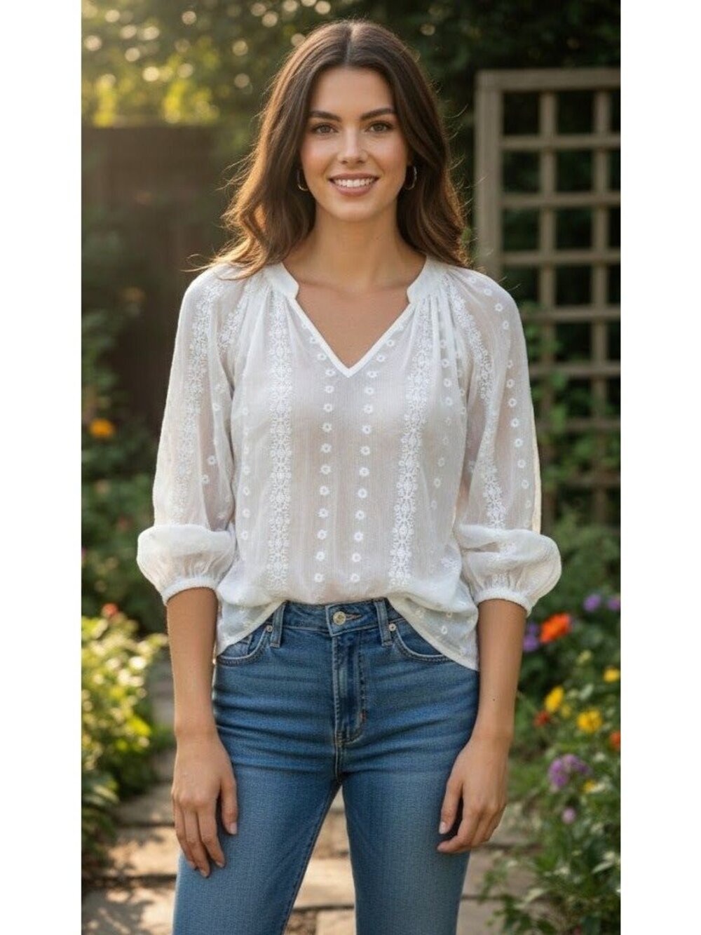 Olive & Oak Quarter Sleeve Sheer White Embroidered Blouse Size Small